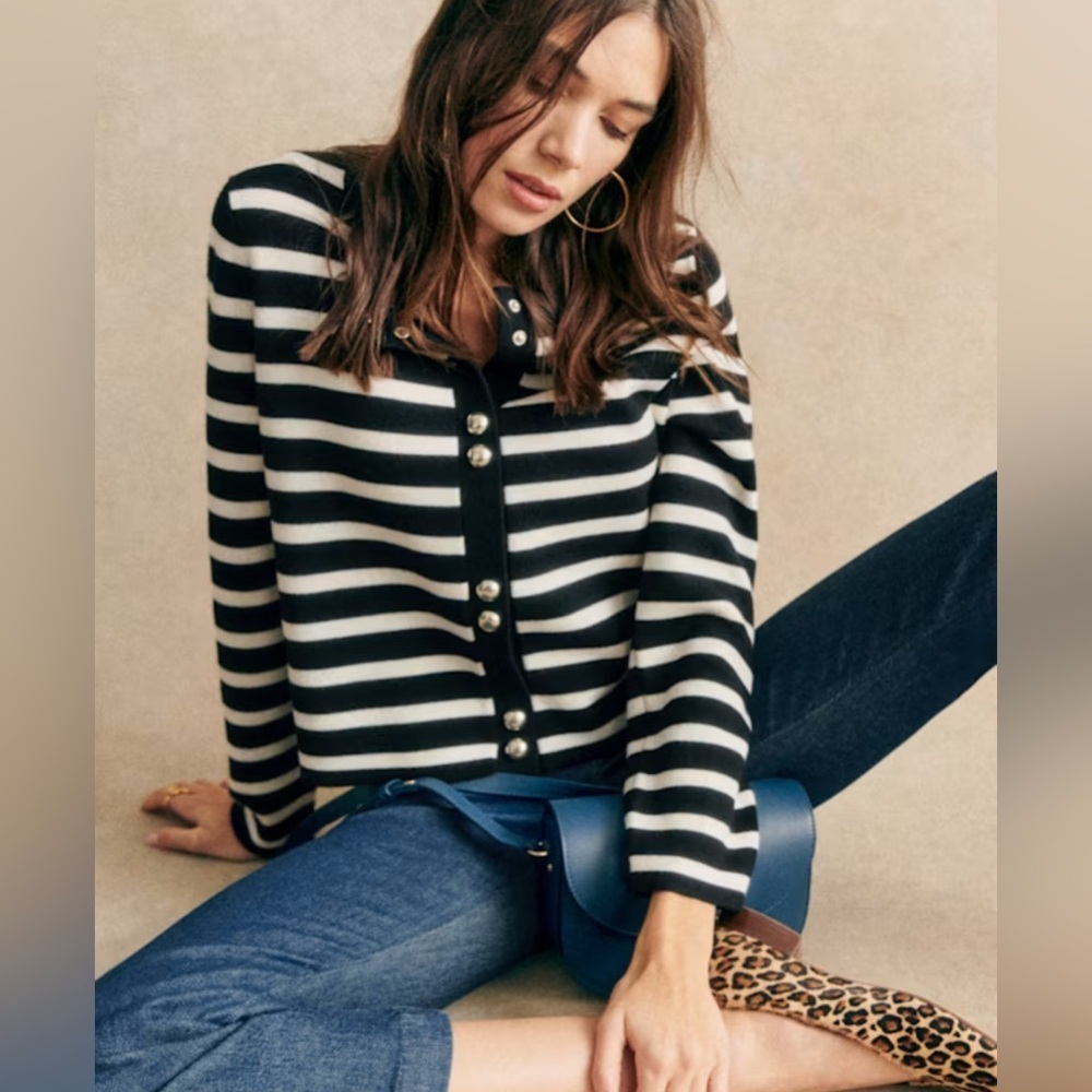 Sézane Agathe Cardigan Black Ecru Striped Size XXL